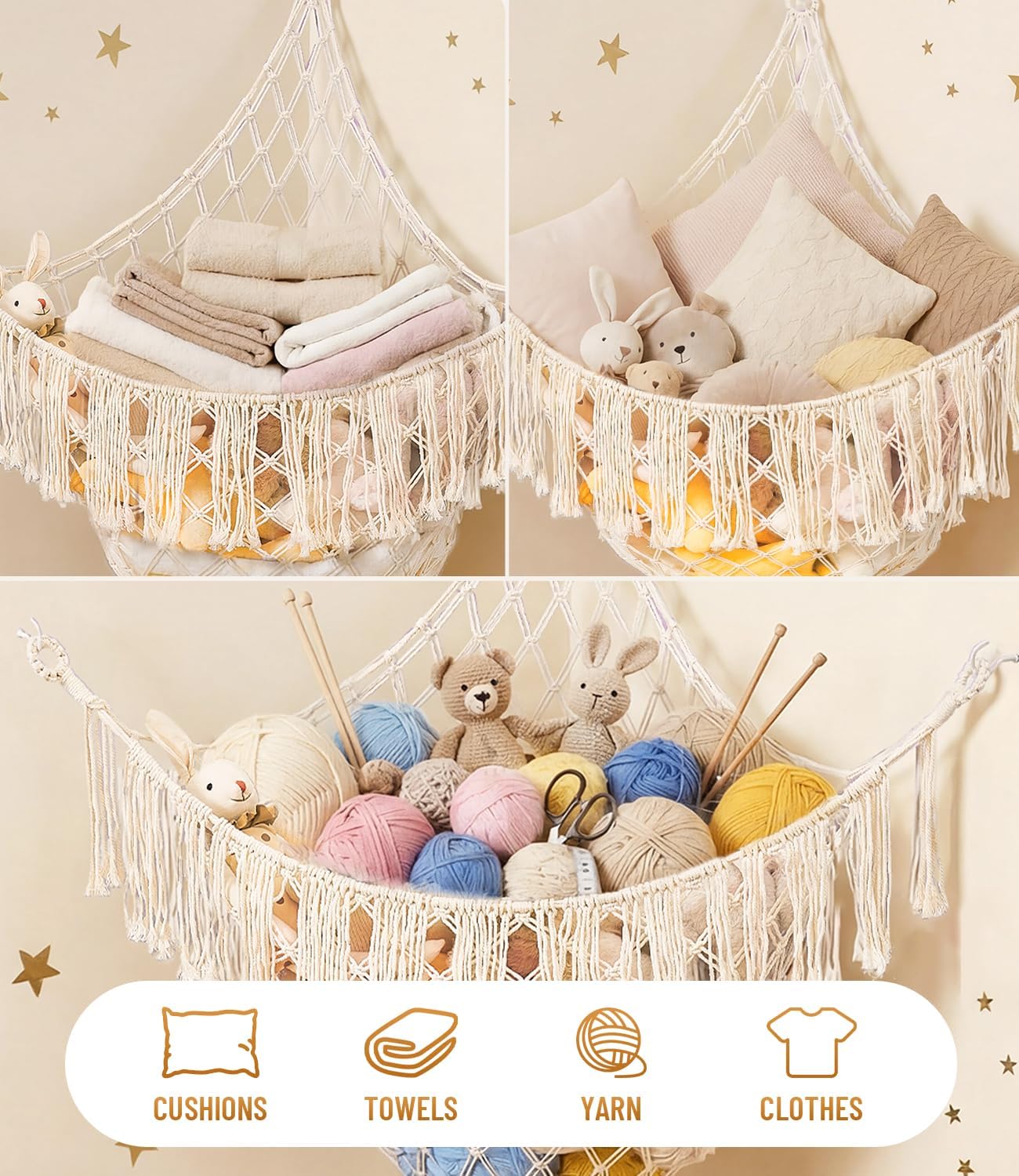 Large Stuffed Animal Net - Sturdy Handcrafted Stuffed Animal Hammock Corner, Natural Fully Handwoven Plushie Net, Space-Saving Holds 50+ Plushies, plushie net hammock for Nursery Baby Bedroom Playroom