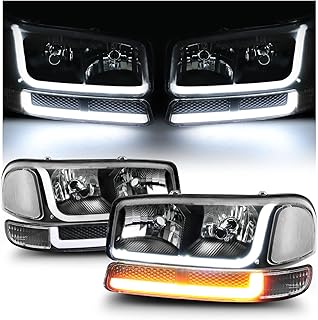 M-AUTO Switchback LED Tube DRL Black Housing Headlights Assembly Compatible with 99-07 GMC Sierra 1500/99-04 2500/01-07 1500 HD/2500 HD/3500 HD/99-06 Yukon/00-06 Yukon XL 1500/2500