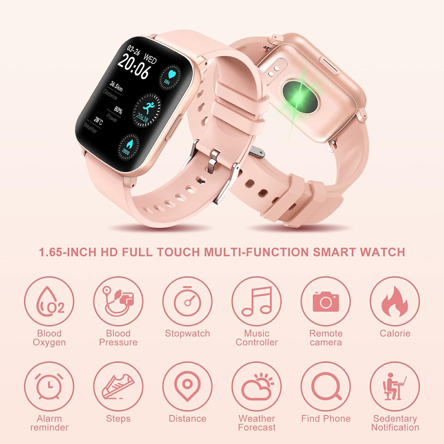 Discount Smart Watch for Android Phones iPhone Compatible, woednx 1.65”Smartwatch Activity Tracker Fitness Smart Watches for Women Men,IP68 Waterproof Watch Pedometer Heart Rate Sleep Monitor (Pink)