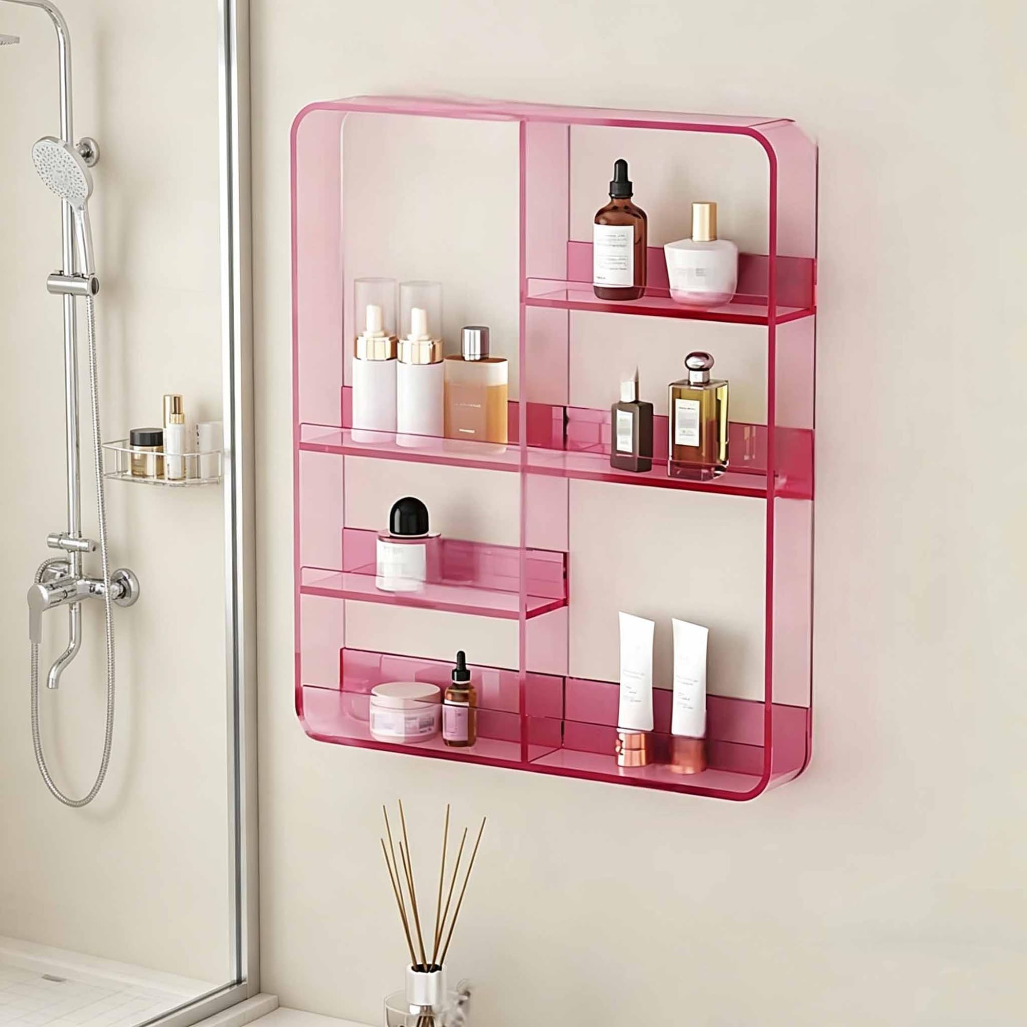Dalumian Pink Wall Mounted Acrylic Storage Rack, Self-Adhesive Invisible Wall Shelves, Nail Polish Book Decoration Makeup Perfume Organizer Floating Shelf(Pink)