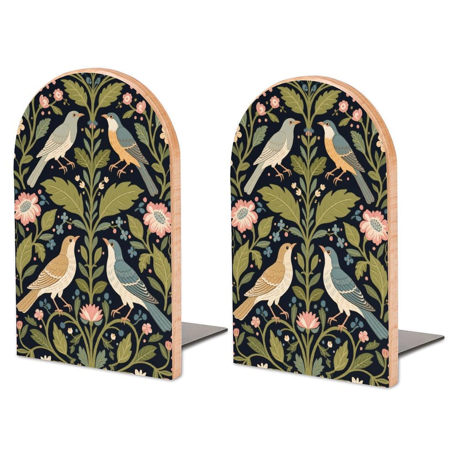 2 Pcs Wood Book Ends, William Morris Flowers Birds cup Book Shelf Holder, Non Slip Wooden Bookends Stand for Shelves Home Office Library Study Decor