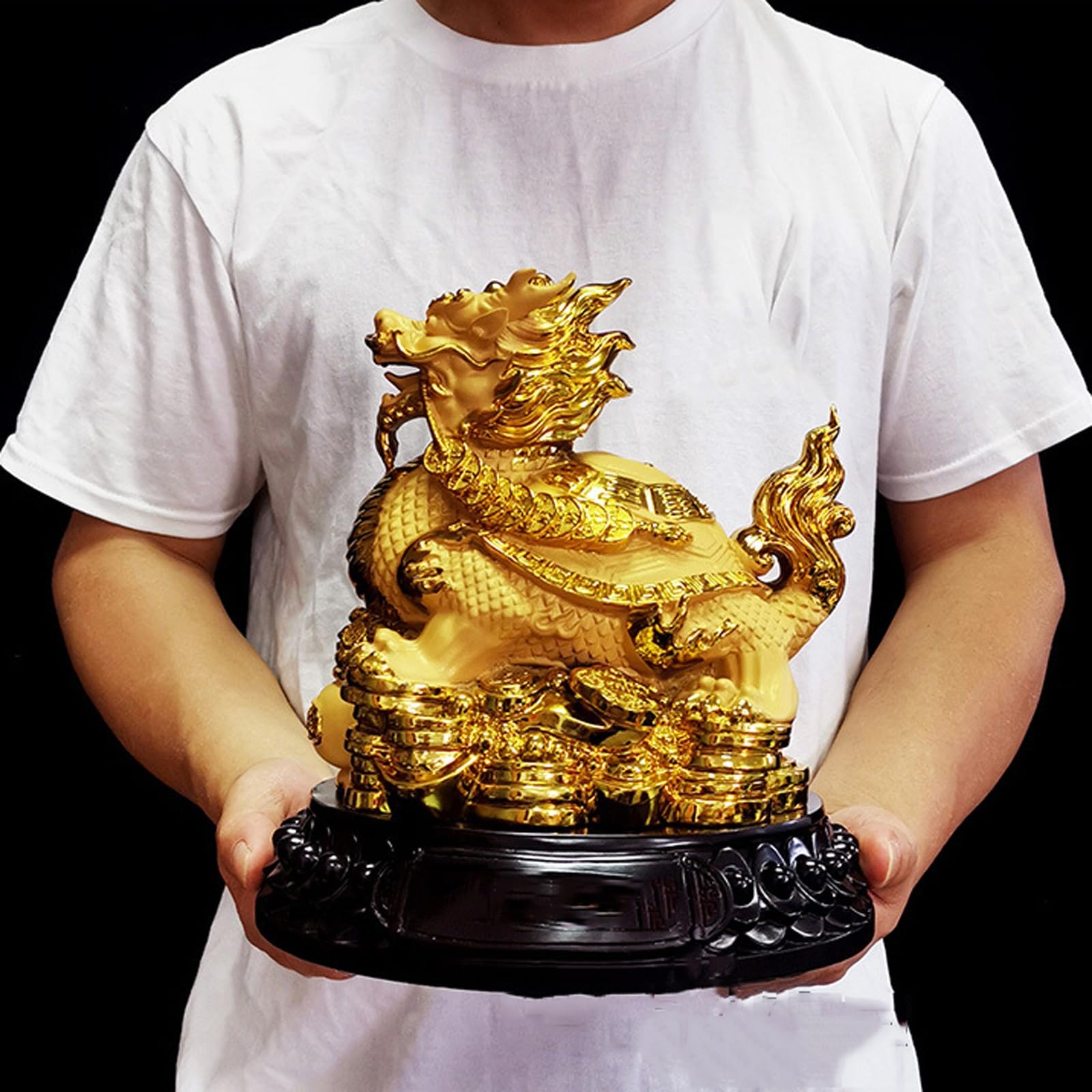 Amazon.co.jp: 中国の龍亀風水像、2024年新年の龍の像10インチの金色の