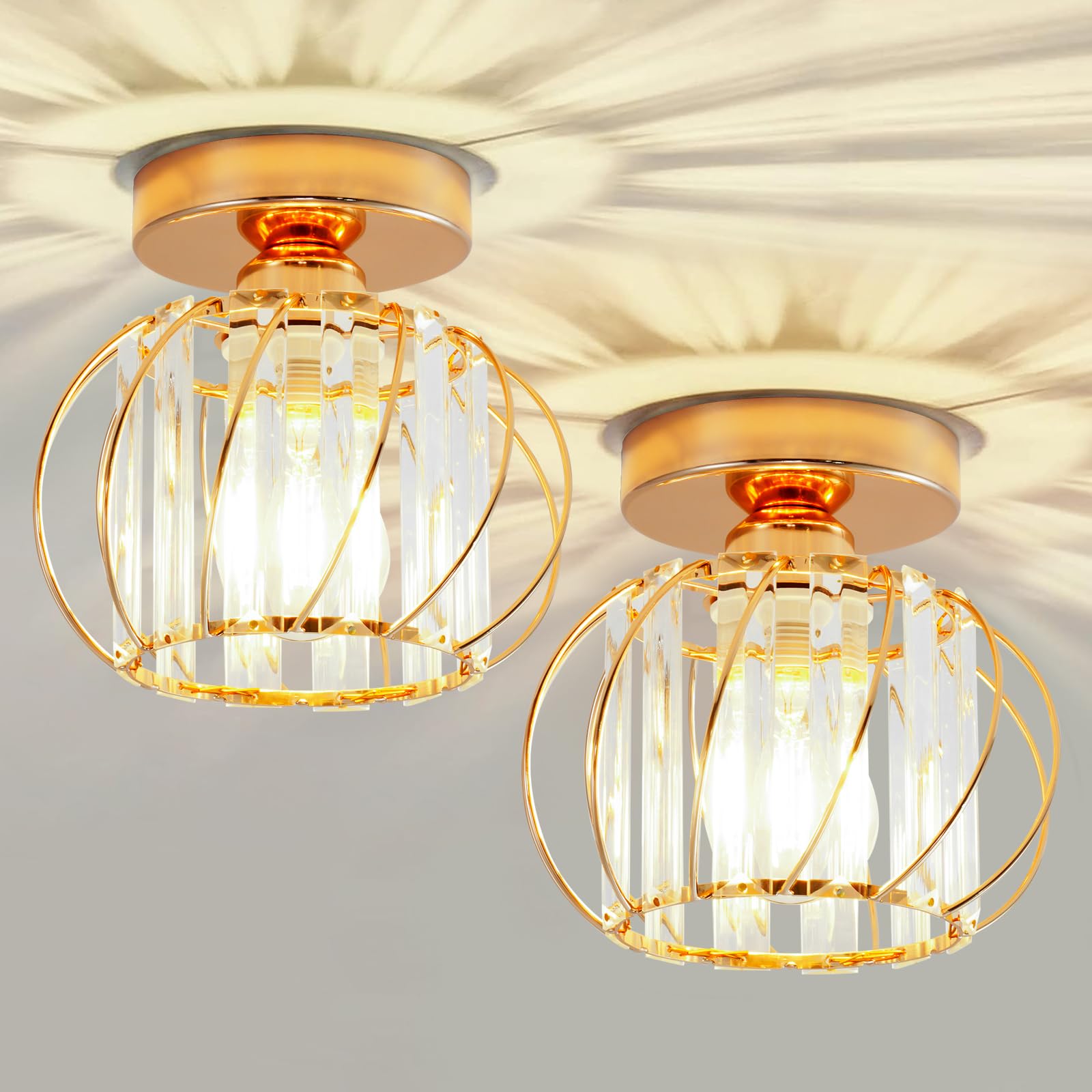 Seruno X Crystals Ceiling Light Fixtures Chandelier, Small Semi Flush Mount Ceiling Light, Modern Ceiling Lighting for Hallway Kitchen Living Room Bedroom Dining Room Bathroom Bar - Gold 2 Pack