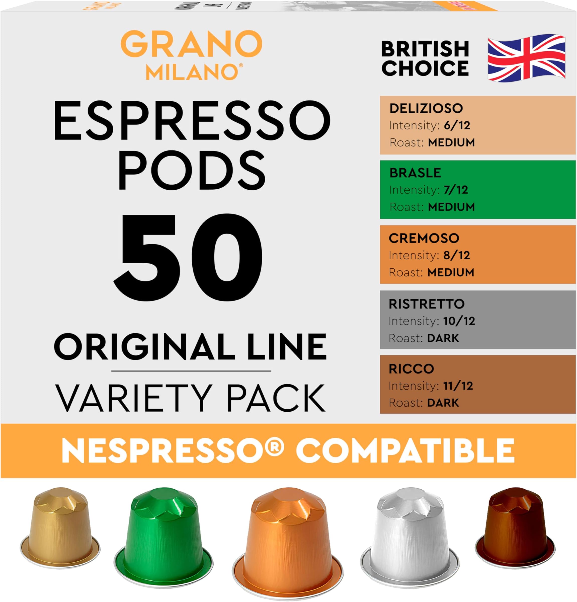 Grano Milano Variety Pack Coffee Capsules - 50 Aluminium Coffee Pods Compatible with Nespresso Original Line, Medium And Dark Roast, Made In Italy