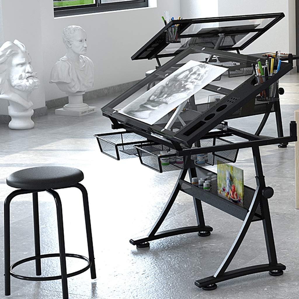 Mesa de dibujo de altura ajustable con parte superior inclinable y gran espacio de almacenamiento, ideal para oficina en casa, proyectos de arte y manualidades
