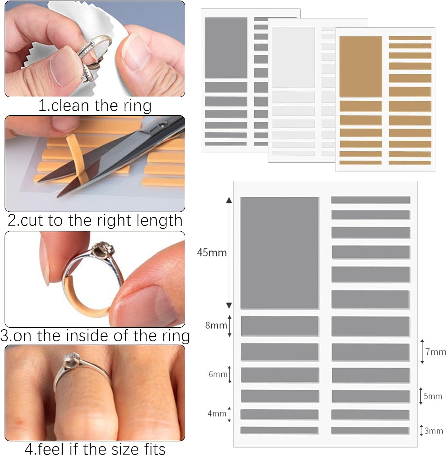 75 Pcs Ring Sizer Adjuster Loose Rings Plug-in Invisible Ring Guards Silicone Tightener EVA Foam Ring Size Adjuster Set Size Measuring Tool Polishing Cloth