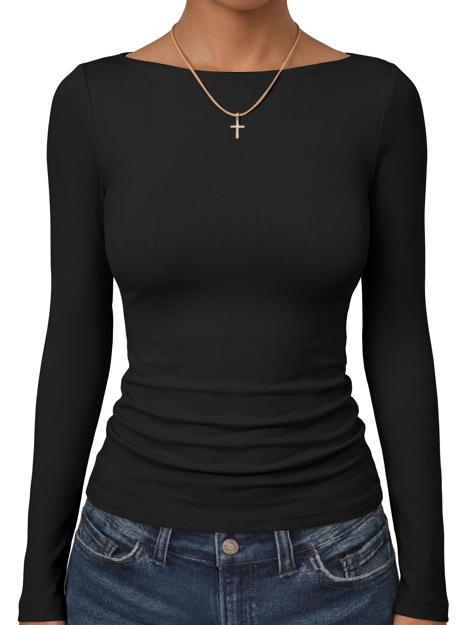 ANRABESS Women's Double Lined Fitted Shirts Fall Long Sleeve Boat Neck Tops | Slim Tight T-Shirts,Stretchy Soft Basic Tee,Winter Layering Thermal Clothing, Going Out Business Casual Blouse Work Outfits