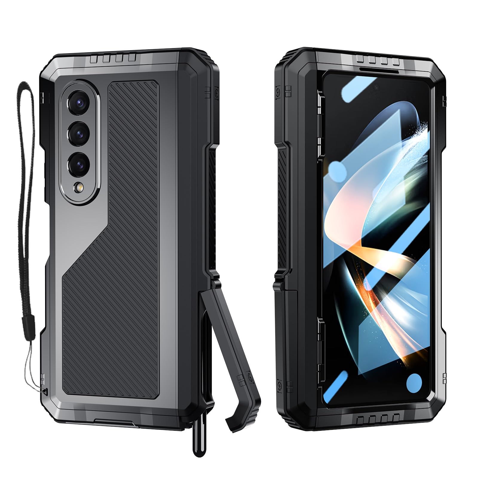 Compatible with Samsung Galaxy Z Fold 4 Case with Metal Bumper Premium Rugged Heavy Duty Shockproof Protective [S Pen Holder] [Hinge Protection] [Screen Protector] Stand Cover 5G 2022-Black