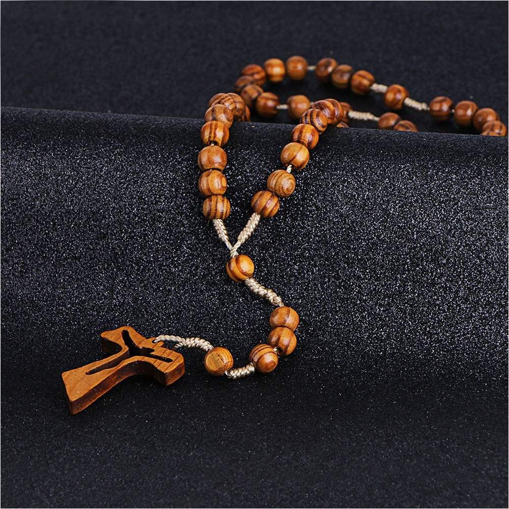 collana in legno con rosario e perline di legno, per uomo e donna