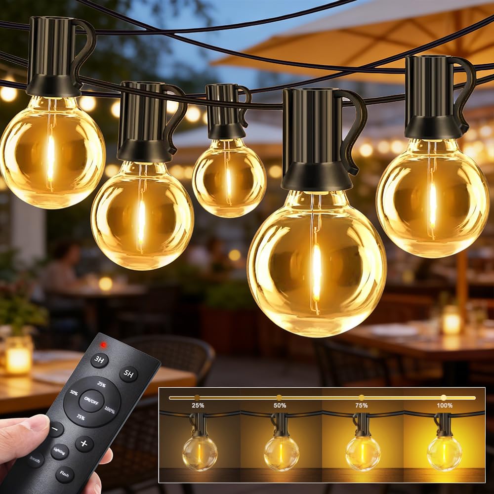 Outdoor Lights Mains Powered, Outdoor Lights Dimmable Shatterproof G40 Led Bulbs With Remote Control, Waterproof Outside Festoon Light 3 Modes & 2 Timer Settings for Yard Patio Party (30M/100FT)