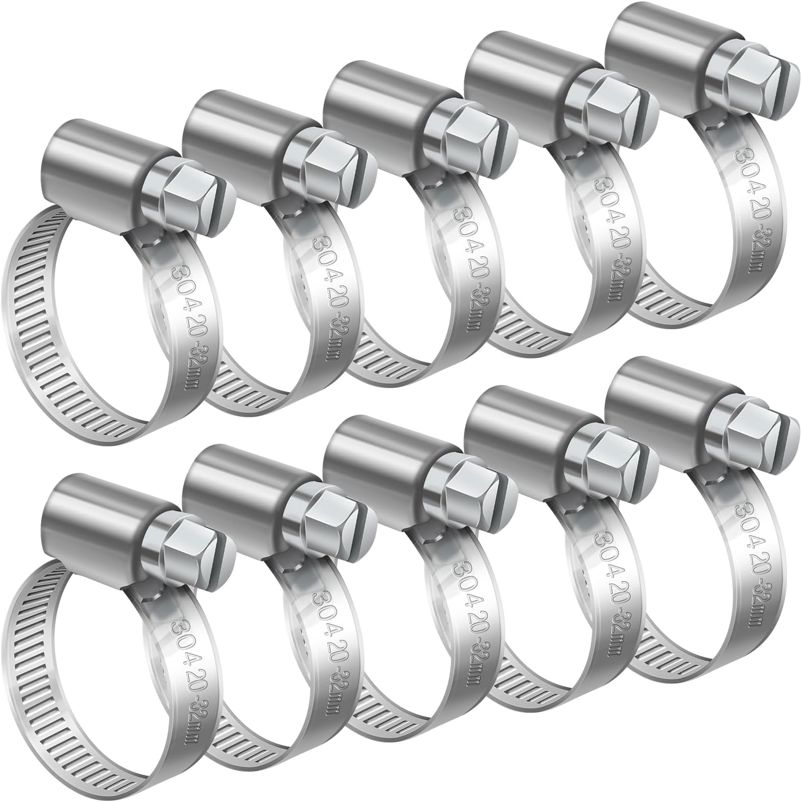 Bolatus 20-32mm Adjustable Hose Clips, 10 Pcs Stainless Steel Worm Drive Clamps for Securing Connections Home Gas Pipe Water Line and Fuel Line