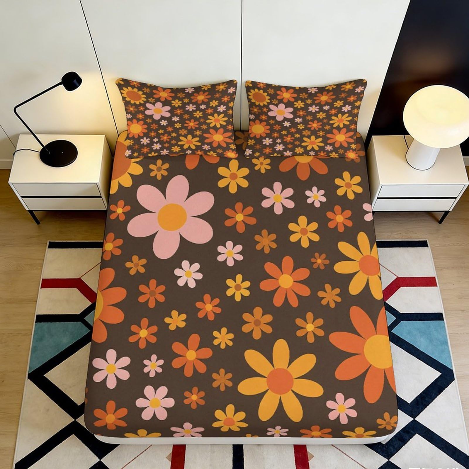 3D Printed Retro Floral Fitted Sheet Microfiber Soft Orange Daisy Bed Cover for Bedroom Guest Room Decor Washable 90x200x25cm