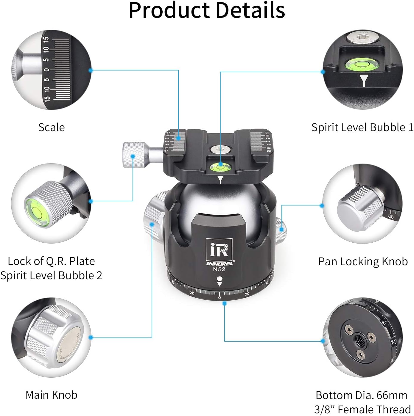 Panoramic Tripod Ball Head, INNOREL Tripod Camera Head for Tripod, DSLR, Camcorder, with Two 1/4" Quick Release Plates, Max Load 66lbs/30kg, 52MM