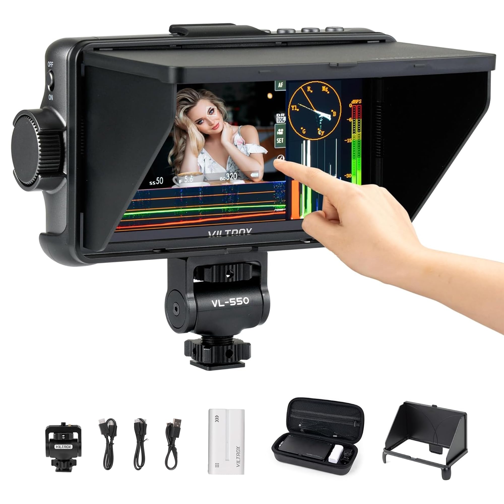 VILTROX Monitor de campo HDMI de 5.5 pulgadas 1200nits 4K 10bit, pantalla táctil 3D LUT, kit de video portátil con batería, histog