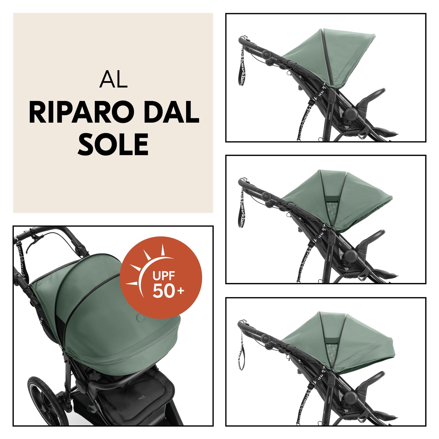 Hauck Runner 3 Verde Giungla Passeggino 3 Ruote d'Aria 22 kg Sospensione Regolabile Freno a Mano Cappottina XL UPF 50+