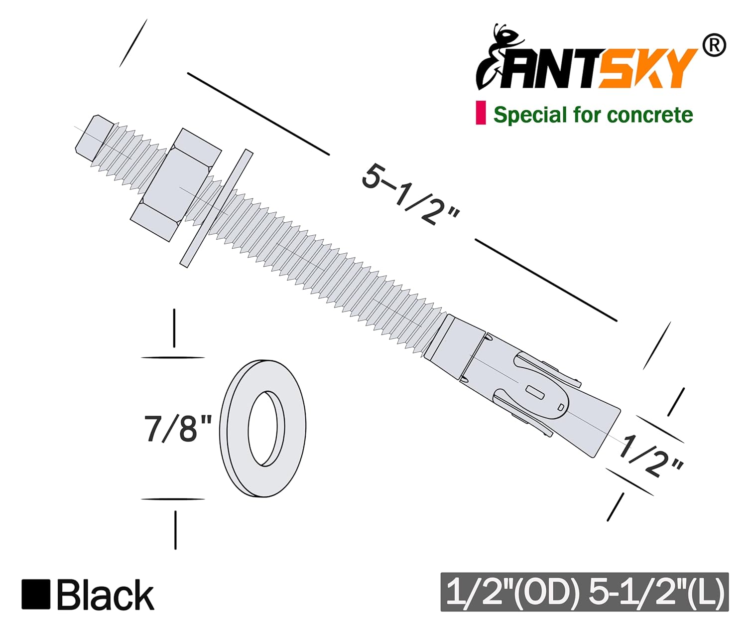 T316 Stainless Steel（Marine Grade Wedge Anchor Bolt (1/2"×5-1/2", Black, 10 Pack)
