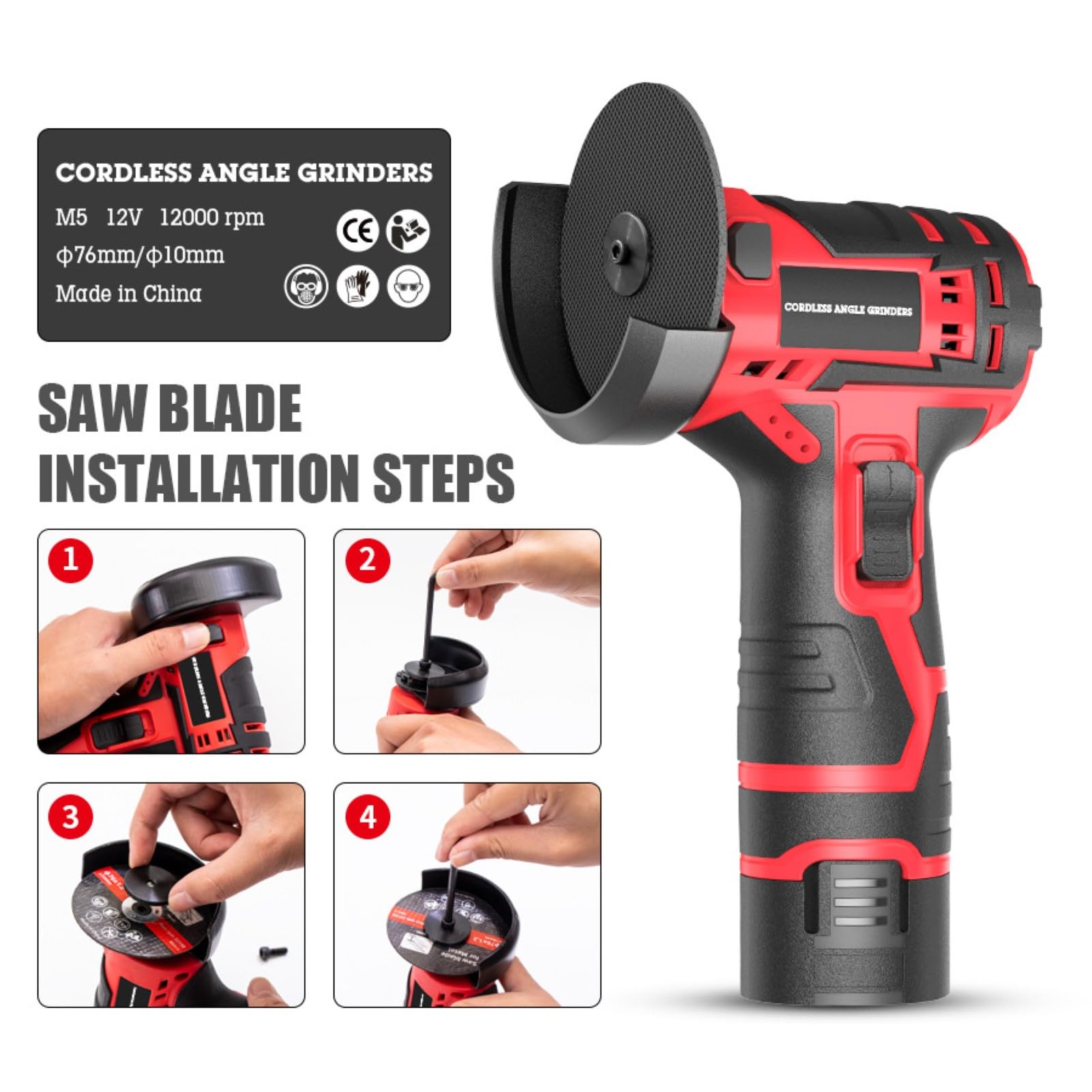 Mini amoladora angular | Kit inalámbrico de 12 V con 2 baterías de 2000 mAh y cargador | Amoladora compacta con discos de 76 mm para cortar, moler, pulir y afilar