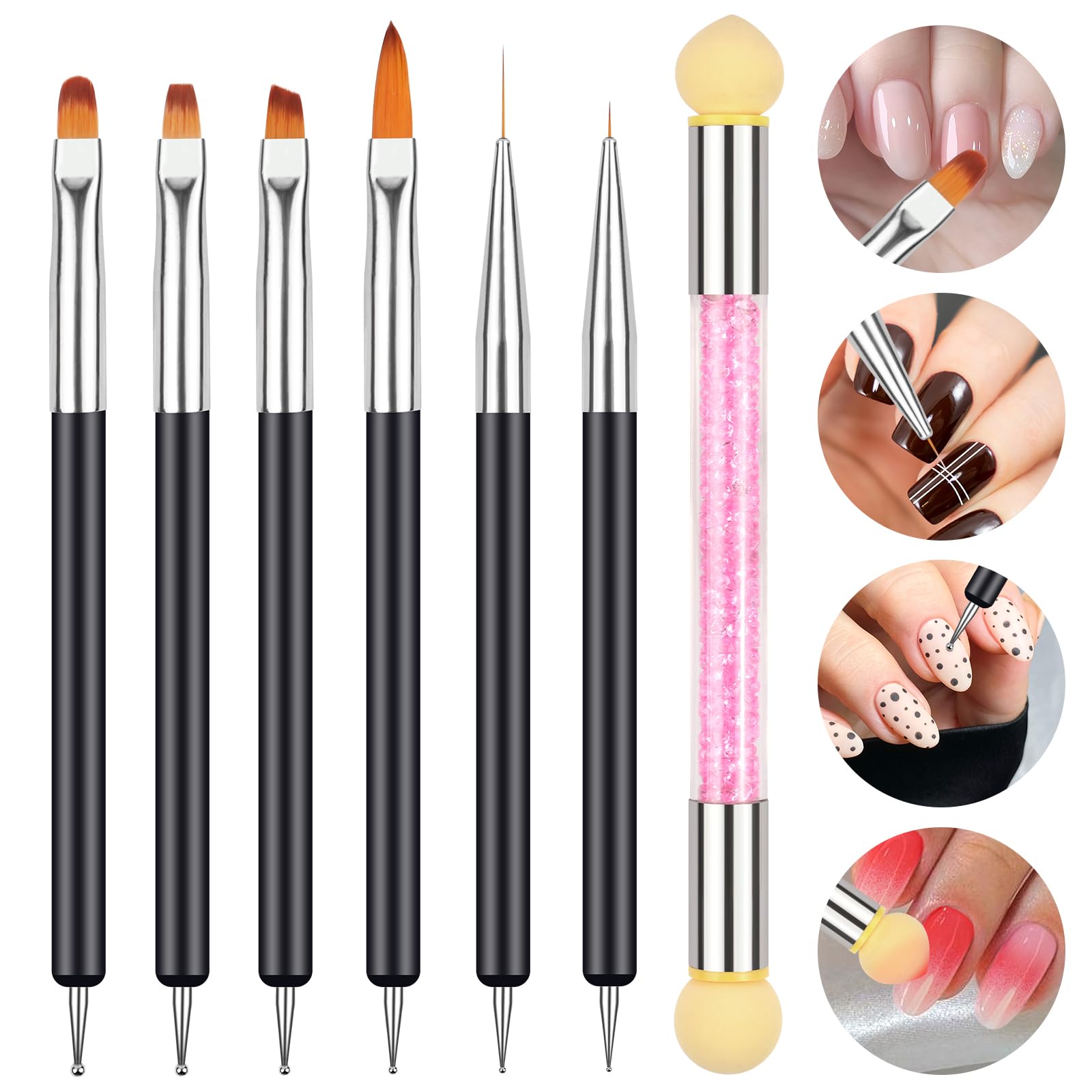 Pennelli Nail Art Set di Pennelli, 6 Pezzi Pennelli e Spugna di Pennellino, per Unghie in Gel per Disegnare DipingereLlinee e Fiori per Nail Art per Il Design Delle Unghie