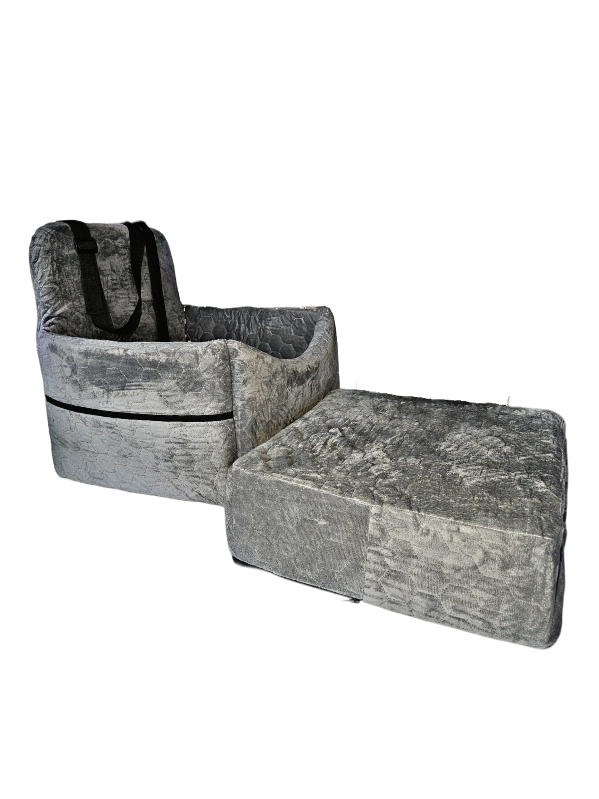 PETLOCK - Luxury Medium Dog Car Seat, Thick Detachable and Washable Memory Foam Cushion. Storage pockets on both sides and 2 safefy seat belts and harness lock. Suitable for dogs up to 35lbs. (Grey)