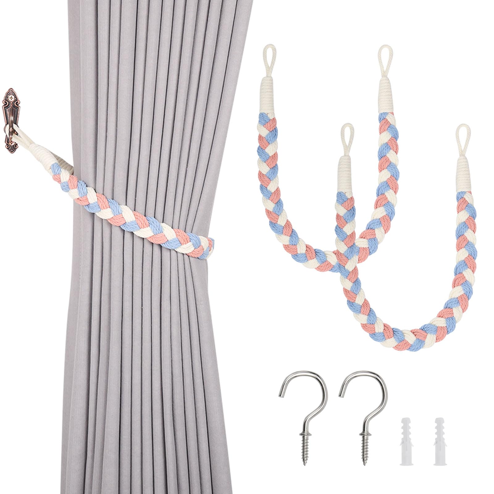 Pretty Jolly 2 Pack Natural Cotton Rope Curtain Tiebacks Elegant Boho Style Decorative Drape Tie Backs Soft Hand-Woven Rope Curtain Holdbacks with Metal Hook for Home & Office Drapery (Blue & Pink)