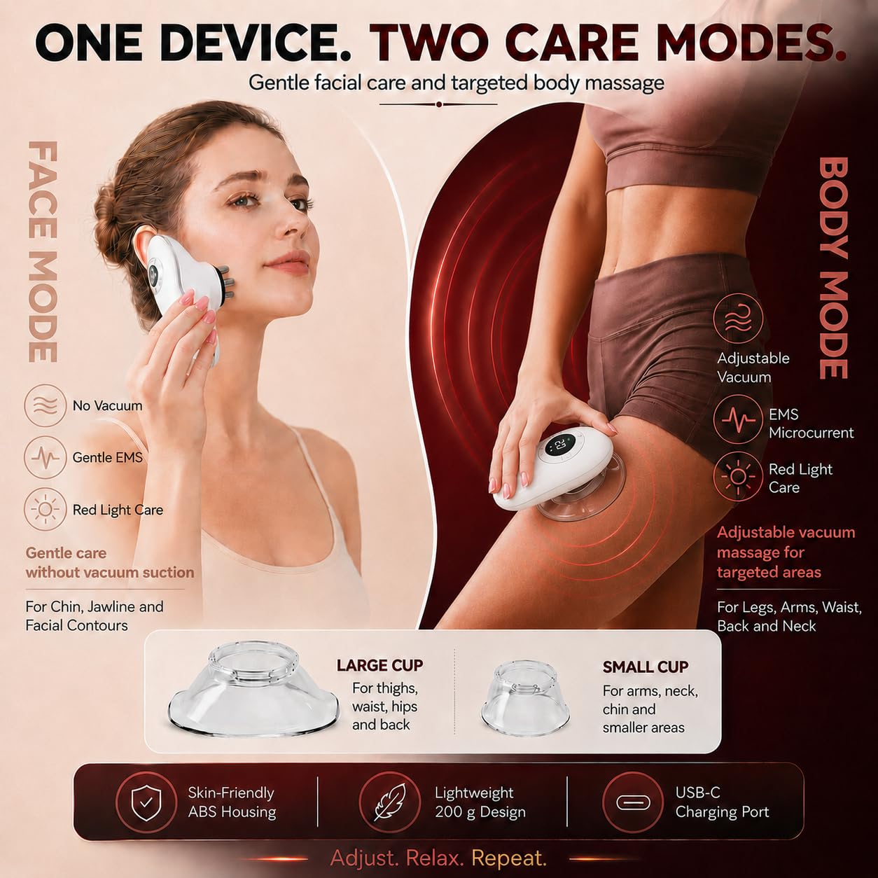 4-in-1 Anti-Cellulite Schröpfmassagegerät mit EMS und Rotlicht | 9 Saugstufen & 9 EMS-Stufen, Wärmefunktion, 2 Aufsätze, LCD-Display, USB-C-Akku, für Gesicht & Körper