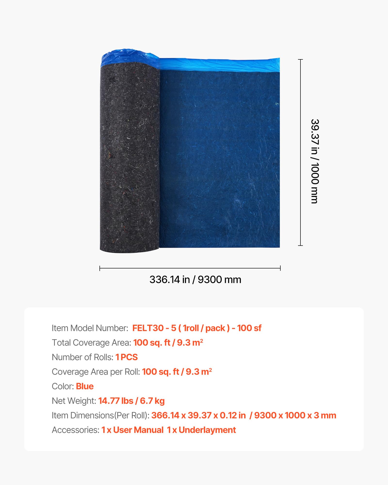 VEVOR Sottopavimento 9,3 m² Un Rotolo, Imbottitura per Pavimenti in Laminato con Barriera al Vapore Integrata, Fibra ad Alta Resistenza e Pellicola in PE, Isolamento Acustico, per Laminato Legno