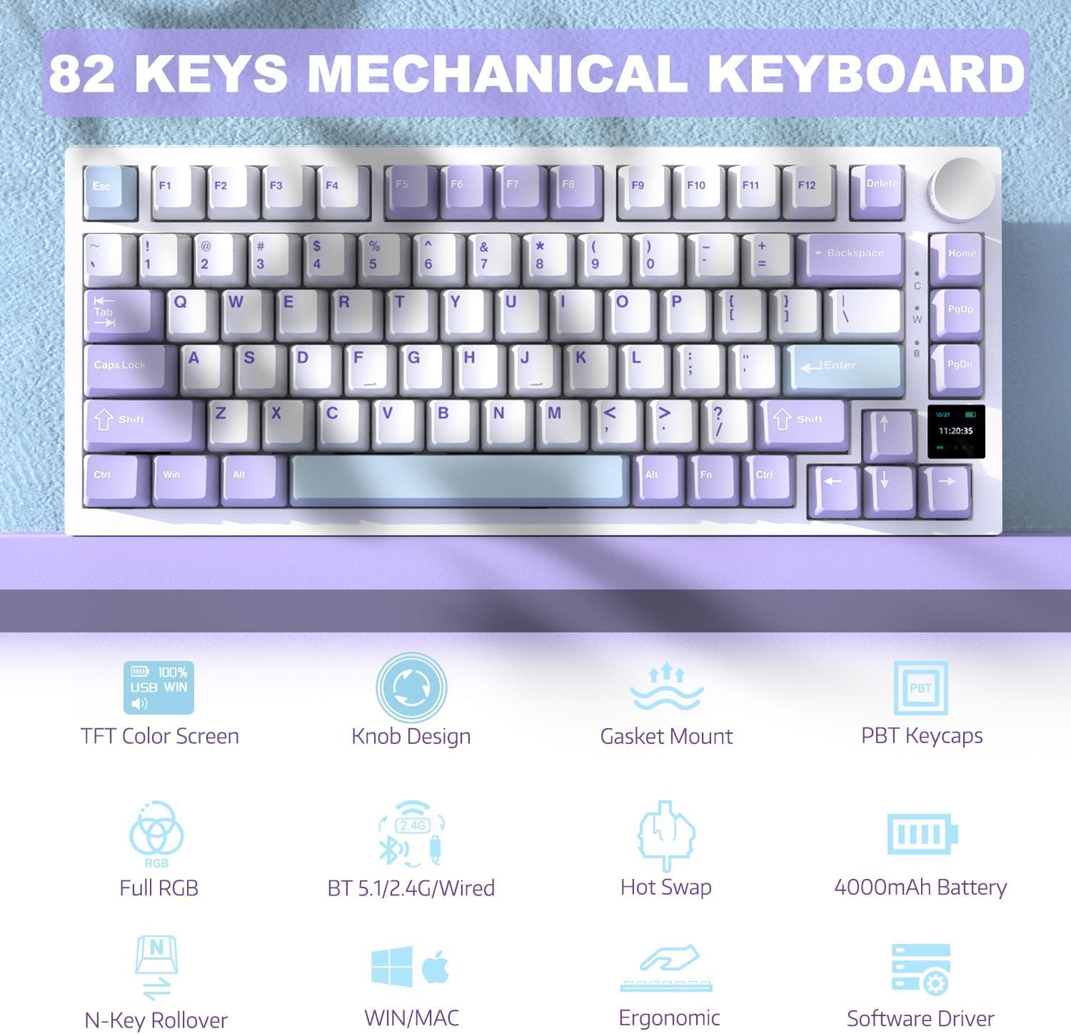 ATTACK SHARK x AJAZZ AK820PRO Teclado mecânico para jogos RGB 75% com tela TFT e botão,ANSI,2.4G/BT5.1/USB-C com fio,5 espumas de absorção de som,interruptor linear hot-swap para PC MAC(Roxo/Azul)