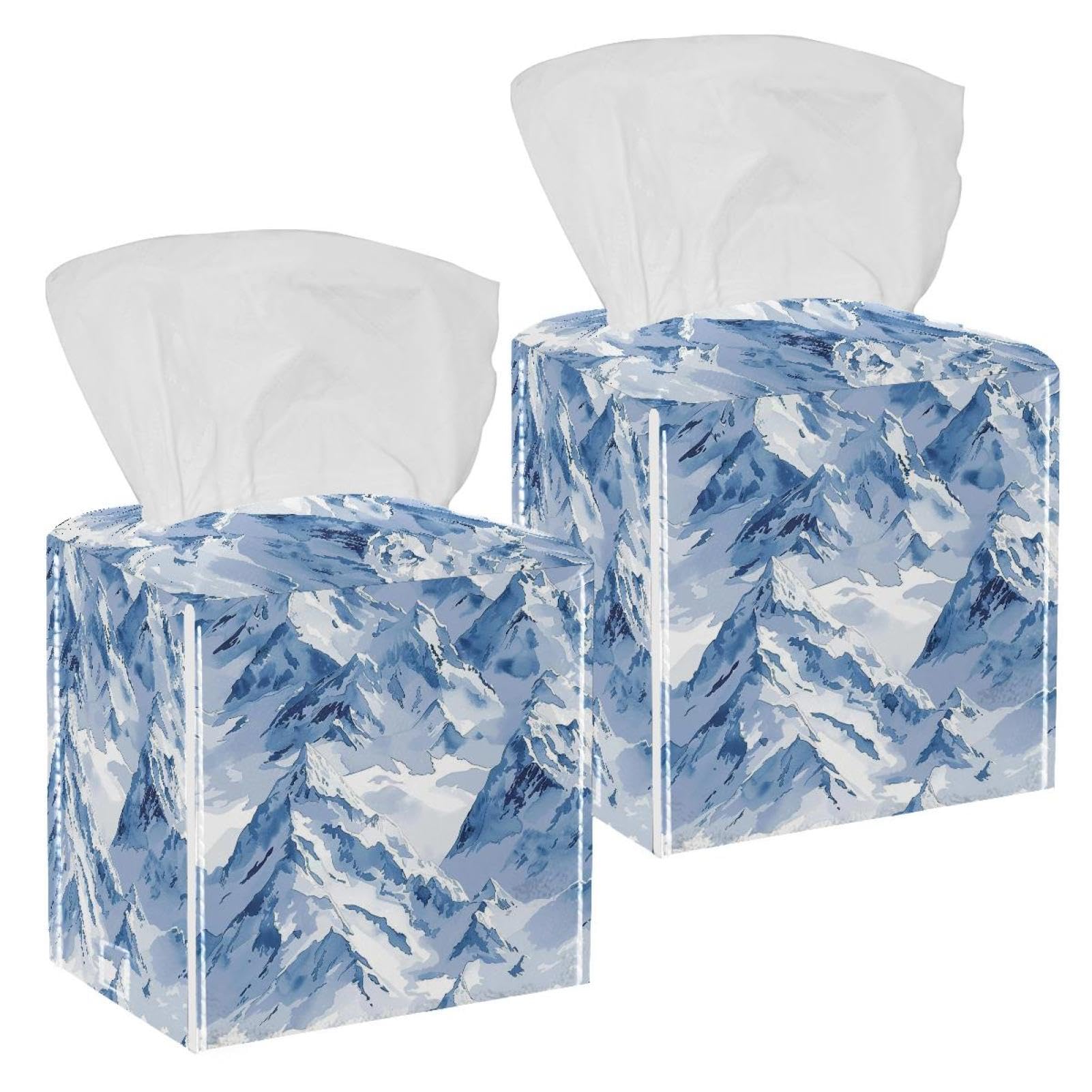 Snow Mountain Tissue Box Cover, 2 Pack PU Leather Square Facial Tissue Dispenser Box holder for Home Office Car