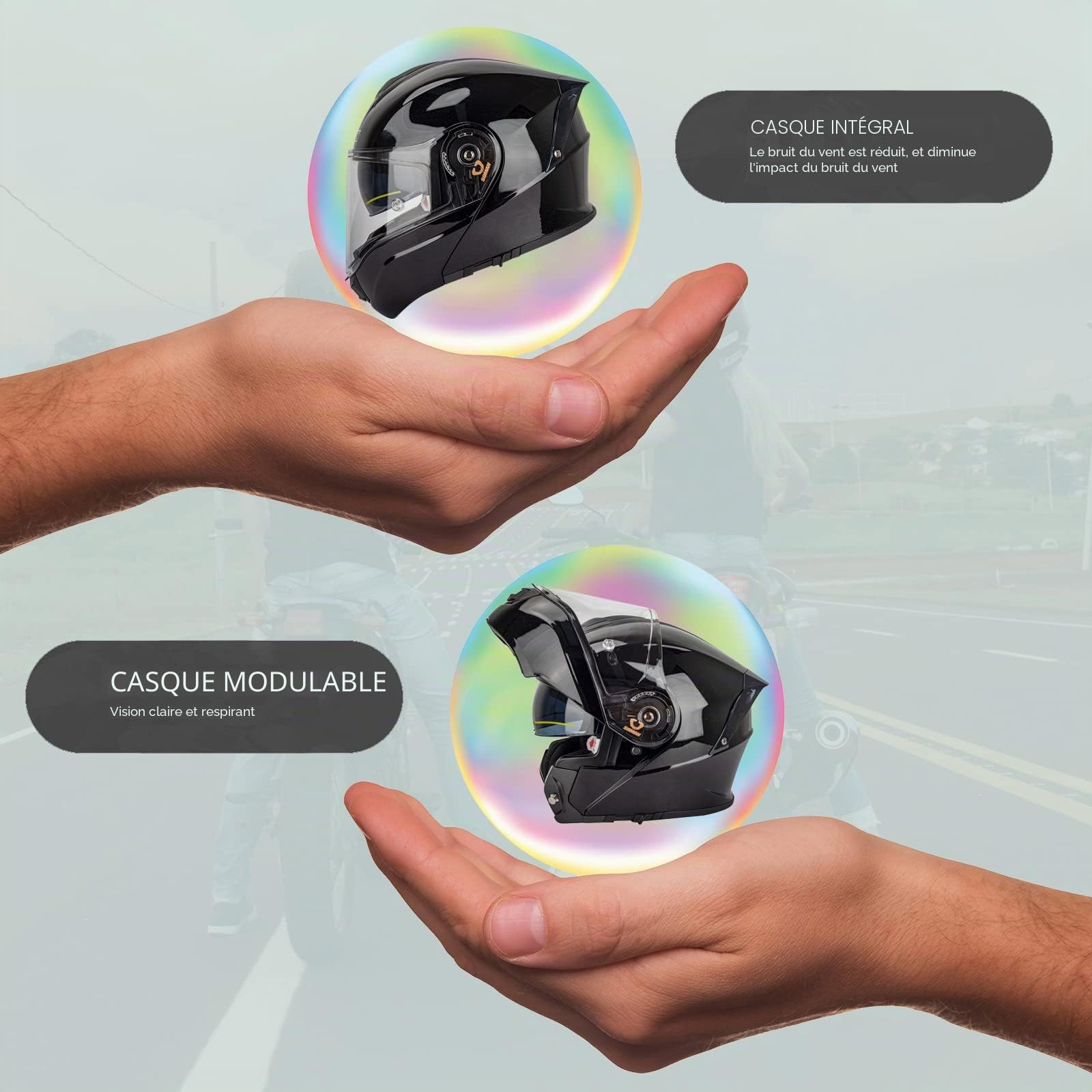 Casque Modulable Moto Scooter Casques Integral Modulables ECE/DOT Homologué Casques de Moto Homme et Femme avec Double Visière, Noir-4XL(67~68cm)