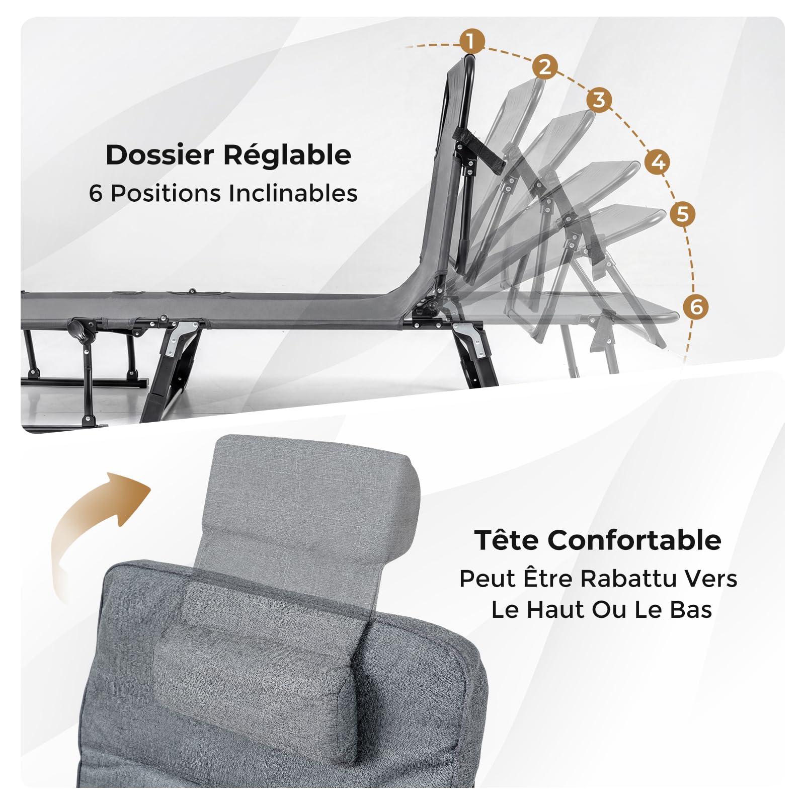 COSTWAY Lit de Camp Pliable 1 Personne, Fauteuil Convertible, Dossier Réglable à 6 Positions, Coussin Intégré, Cadre en Métal, Lit Pliante pour Camping Cour Bureau, Charge 200 kg