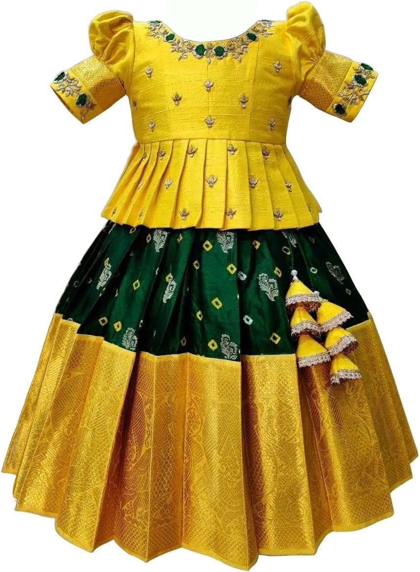 Lehenga Girls Polyester Blend Choli Set with White Buttons