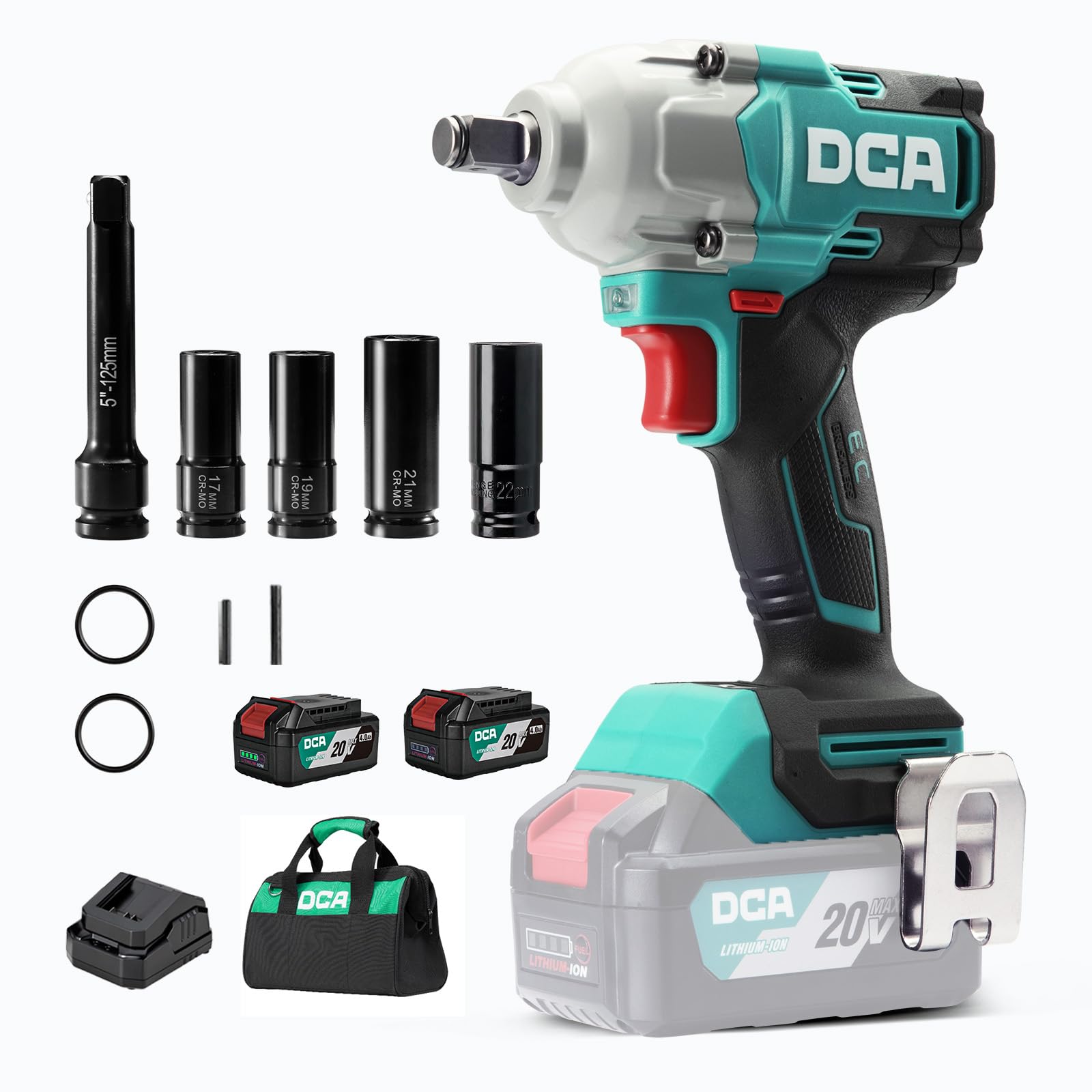 DCA 20V Brushless Impact Wrench Cordless, 682Nm Max Torque, 1/2" Hog Ring Impact Gun, 2 * 4000mAh Li-ion Battery, 4 Modes, LED Light, Compact Design,