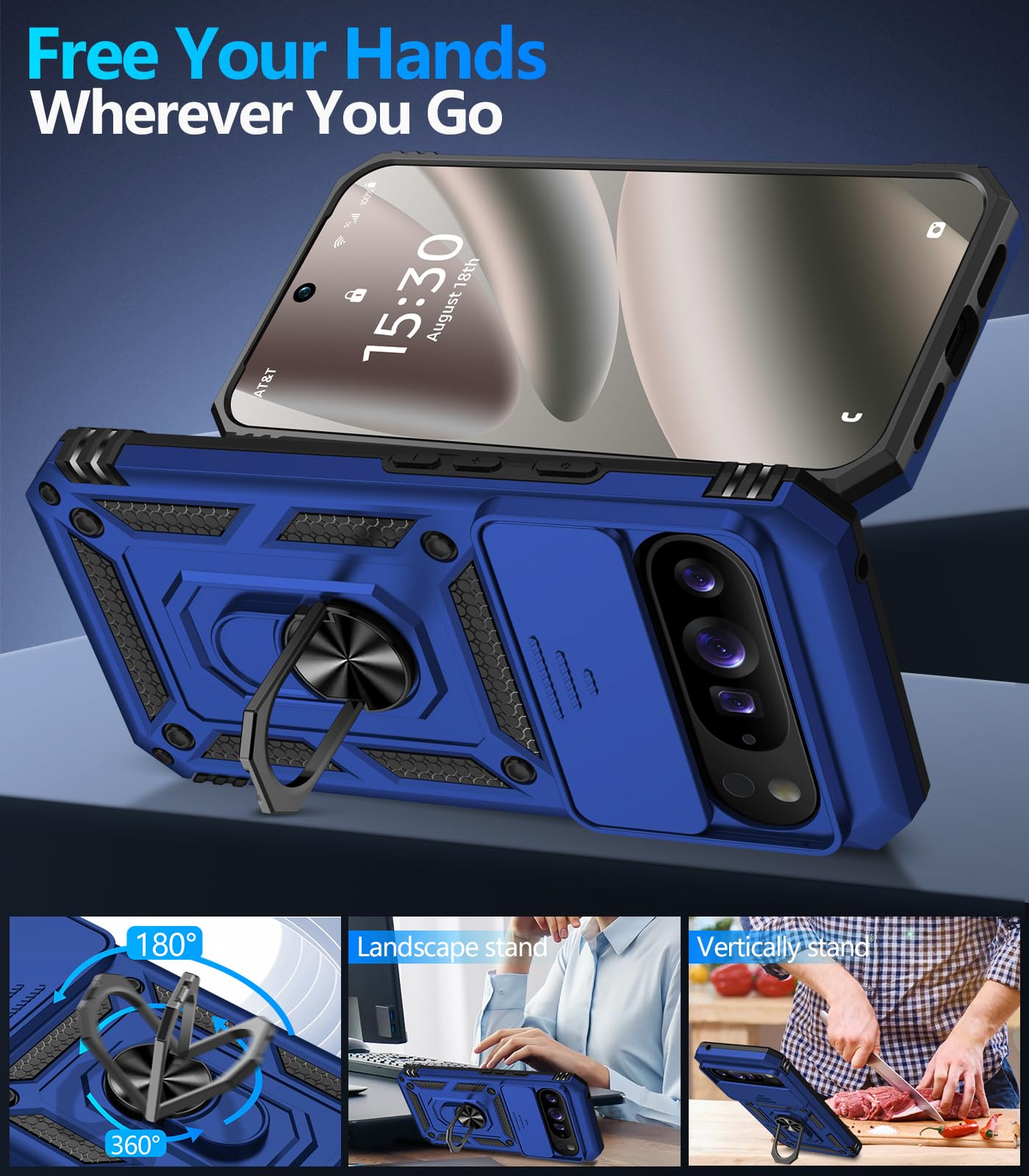 Taisairu for Google Pixel 10 Pro XL Case with Screen Protector & Slide Camera Lens Cover,Built-in 360°Rotate Magnetic Ring Stand Shockproof Protective Phone Case for Pixel 10 Pro XL Case (Blue)