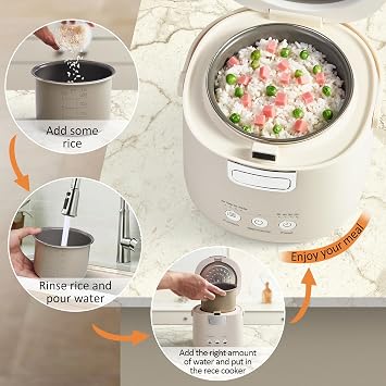 Rice Cooker Small Mini Rice Cooker 2 Cups Uncooked 1.2 Quarts Portable Rice Maker with Non-Stick Coating, BPA Free, 12-Hour Timer Delay & Auto Keep Warm & One-Touch for Dorm Office Travel 1-2 Person (Beige)