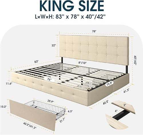 Miniatura 58 de WEEWAY Base de cama de plataforma tamaño Queen con 4 cajones de almacenamiento, cabecera capitonada con botones de costura de diamante, base de