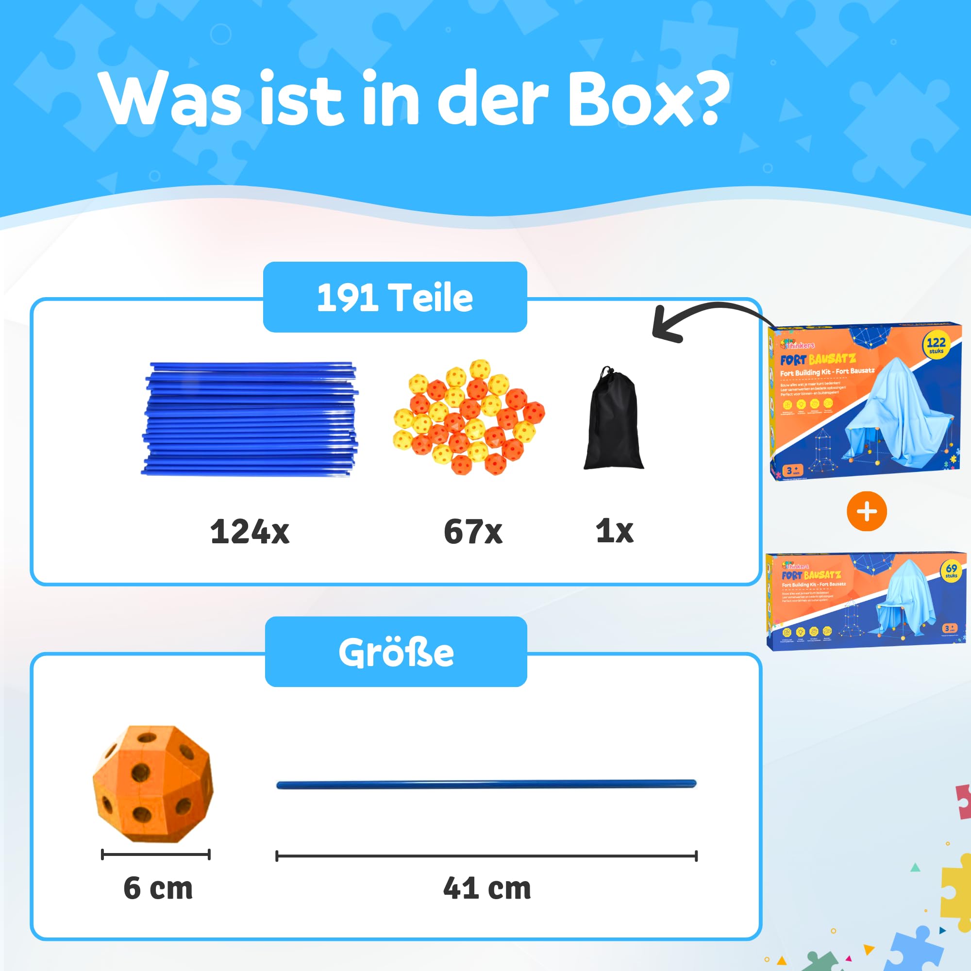 Fort Bausatz XL mit 191 Teilen, Höhle Bauen Kinder, Konstruktionsspielzeug Stecksystem, Spielzelt für Indoor & Outdoor, Kreatives Bauspielzeug, Steckspiele ab 5 Jahren, Inkl. Tasche & E-Book