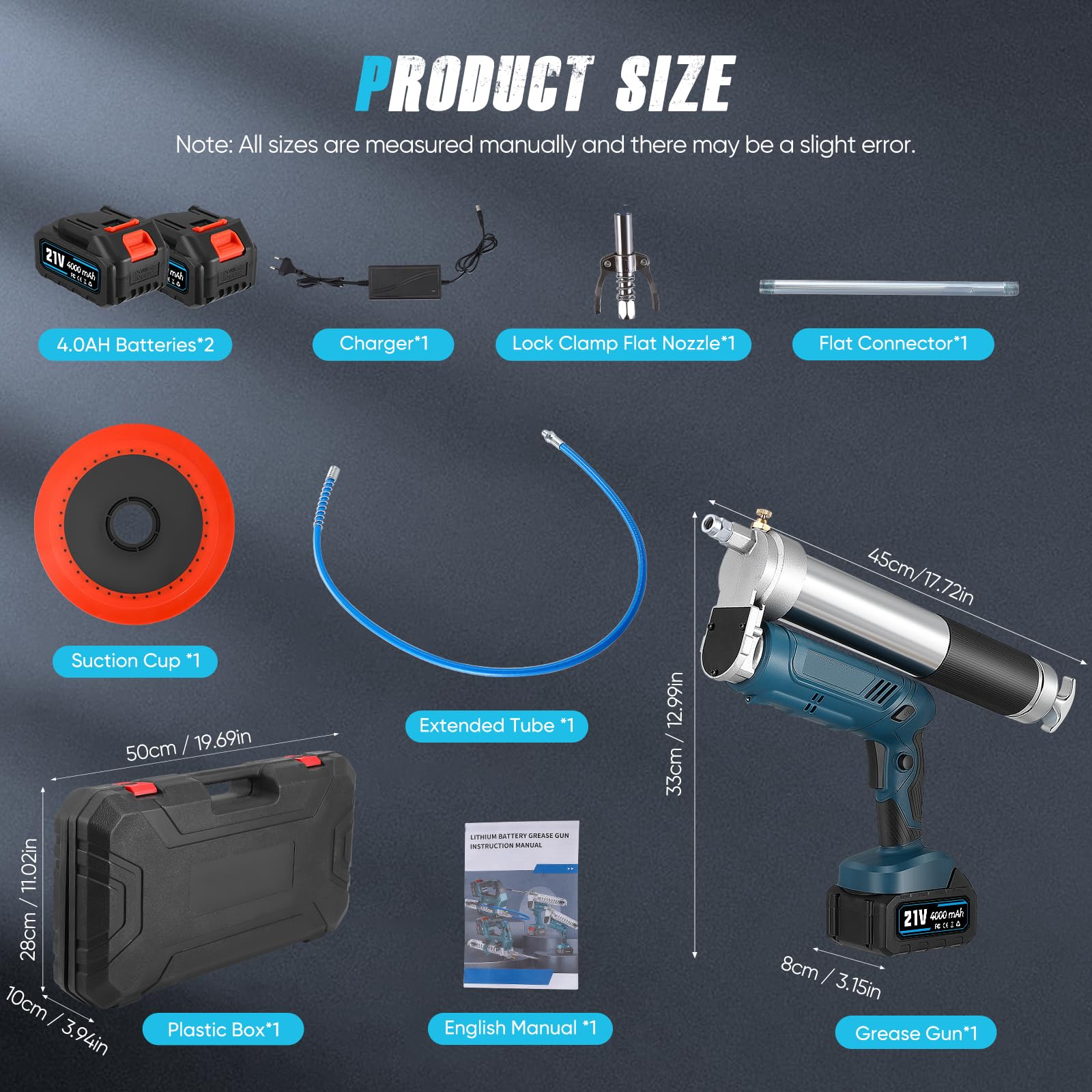 Pistola de grasa eléctrica, 12000 PSI de alta presión, 21 V inalámbrica con 2 x 4,0 Ah baterías y cargador, capacidad 600 ml, luz LED, flexible para lubricación de coche, camión, granja