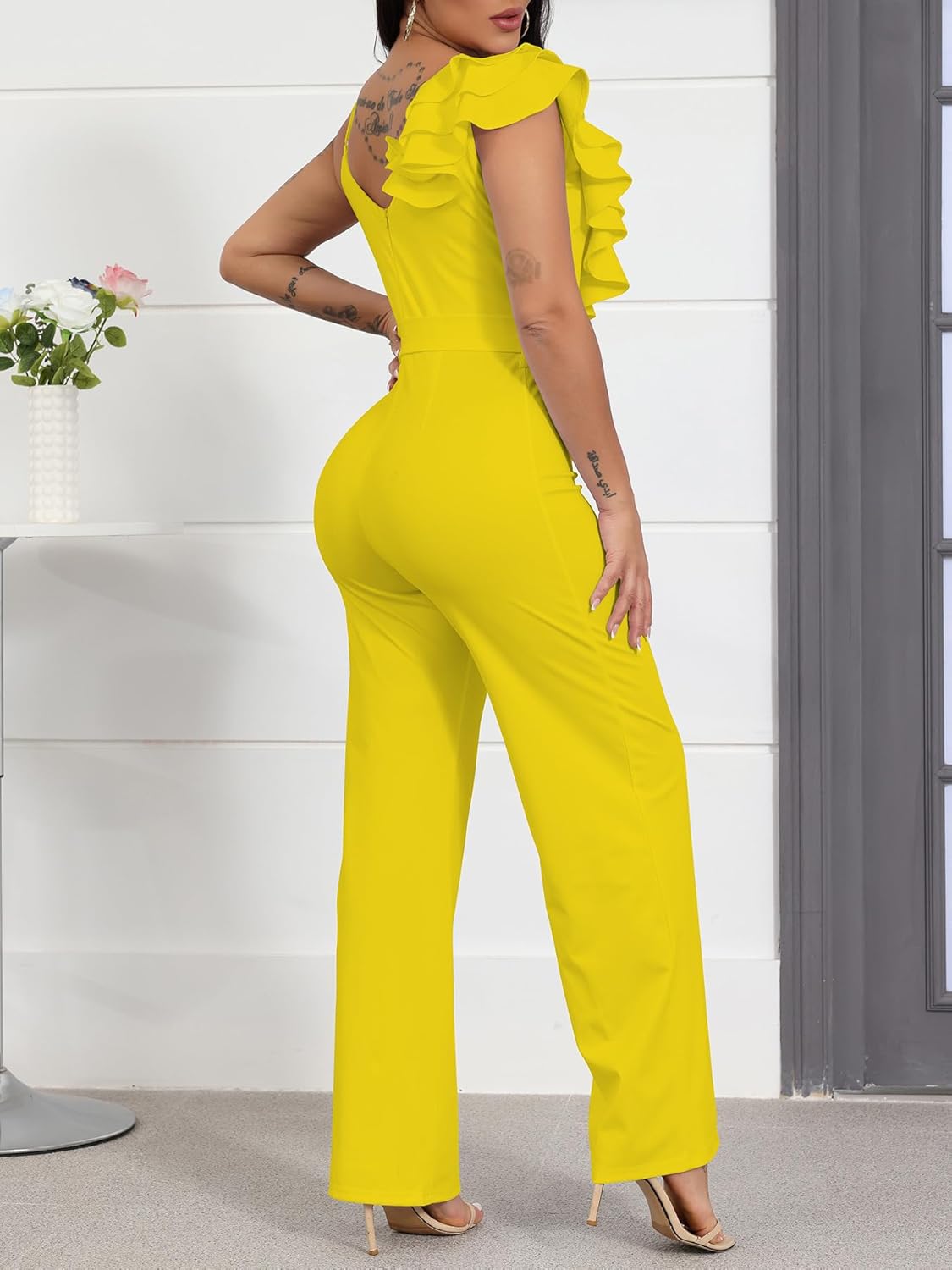 HBQ Womens Casual One Piece Jumpsuits V-Neck Sleeveless Ruffle Backless Belted Elegant Romper Wide Leg Pant Sexy Party Clubwear Overalls-Yellow-M - Image 3