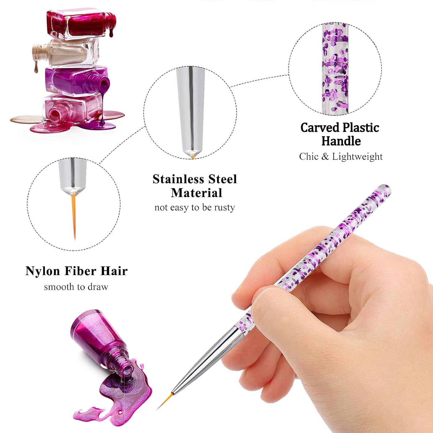 3 Pcs Nail Art Brushes, Nail Art Brush Pen,Miniature Fine Detail Paint Brush Set,Nail Art Design Painting Pen Brush for DIY & Professional Use,Detailer,Brush Dotting Tool image 4