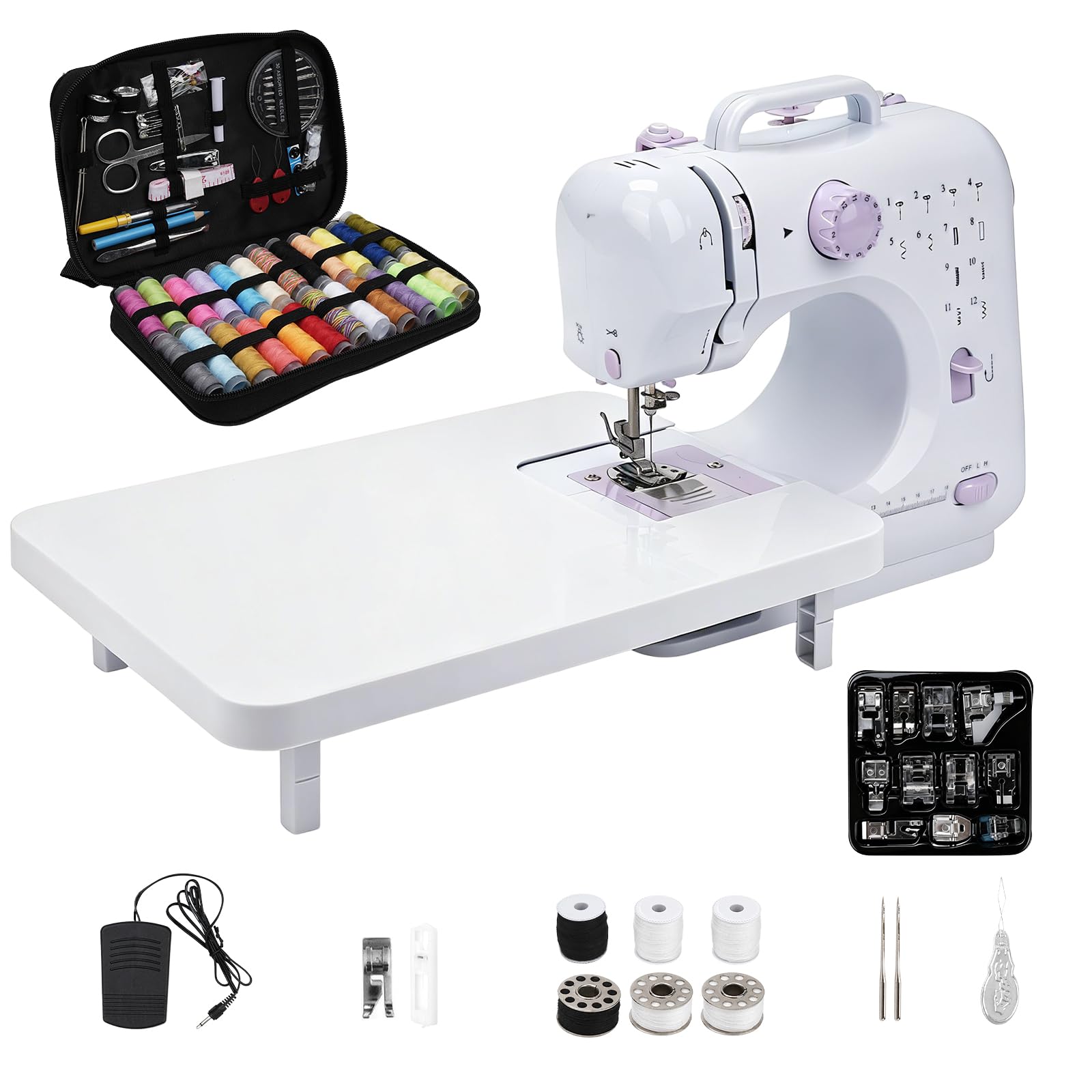 Máquina de coser eléctrica púrpura con mesa de extensión, juego de 11 prensatelas y kit de costura de 97 piezas, pedal de 2 velocidades, ideal para principiantes, adultos, niños, uso doméstico