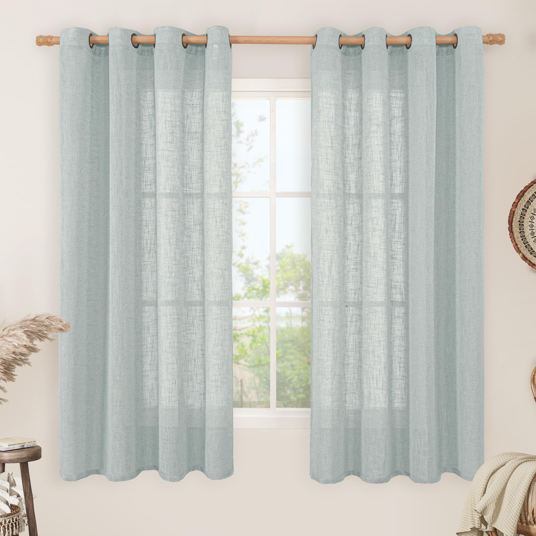 LAMIT 60 Inch Length Sheer Linen Curtains for Bedroom, Greyish Blue Light Filtering Window Drapes Bronze Grommet Neutral Boho Panels for Living Room/Farmhouse, 2 Panels, 52 x 60 Inch