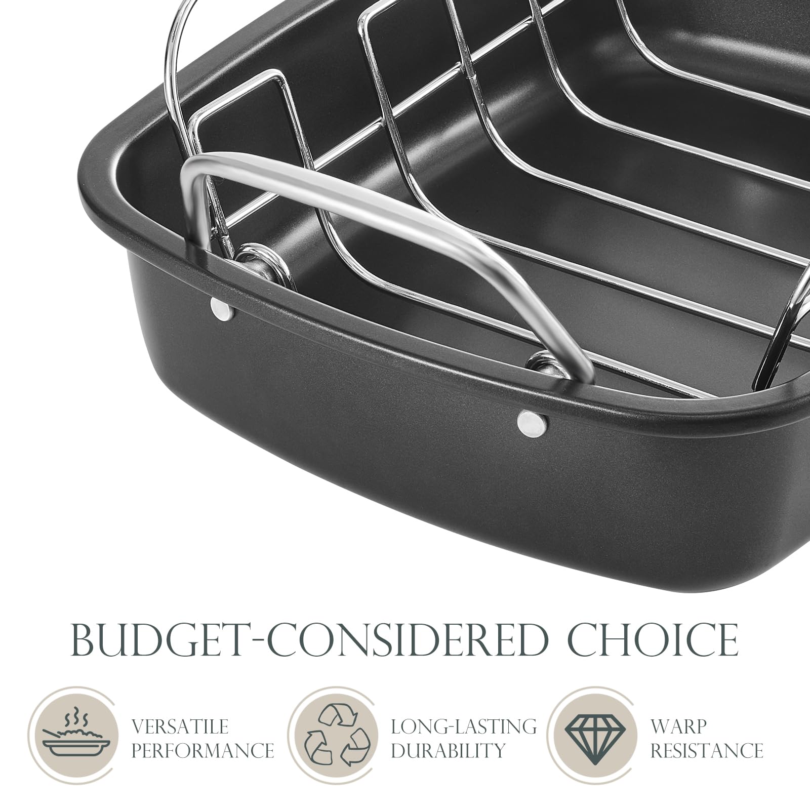 Sartén antiadherente para asar pavos con estante de 17 x 14 pulgadas, sartén grande para asar pollo para horno, asas más anchas y construcción resistente, adecuada para pavos de 24 libras, color gris 7