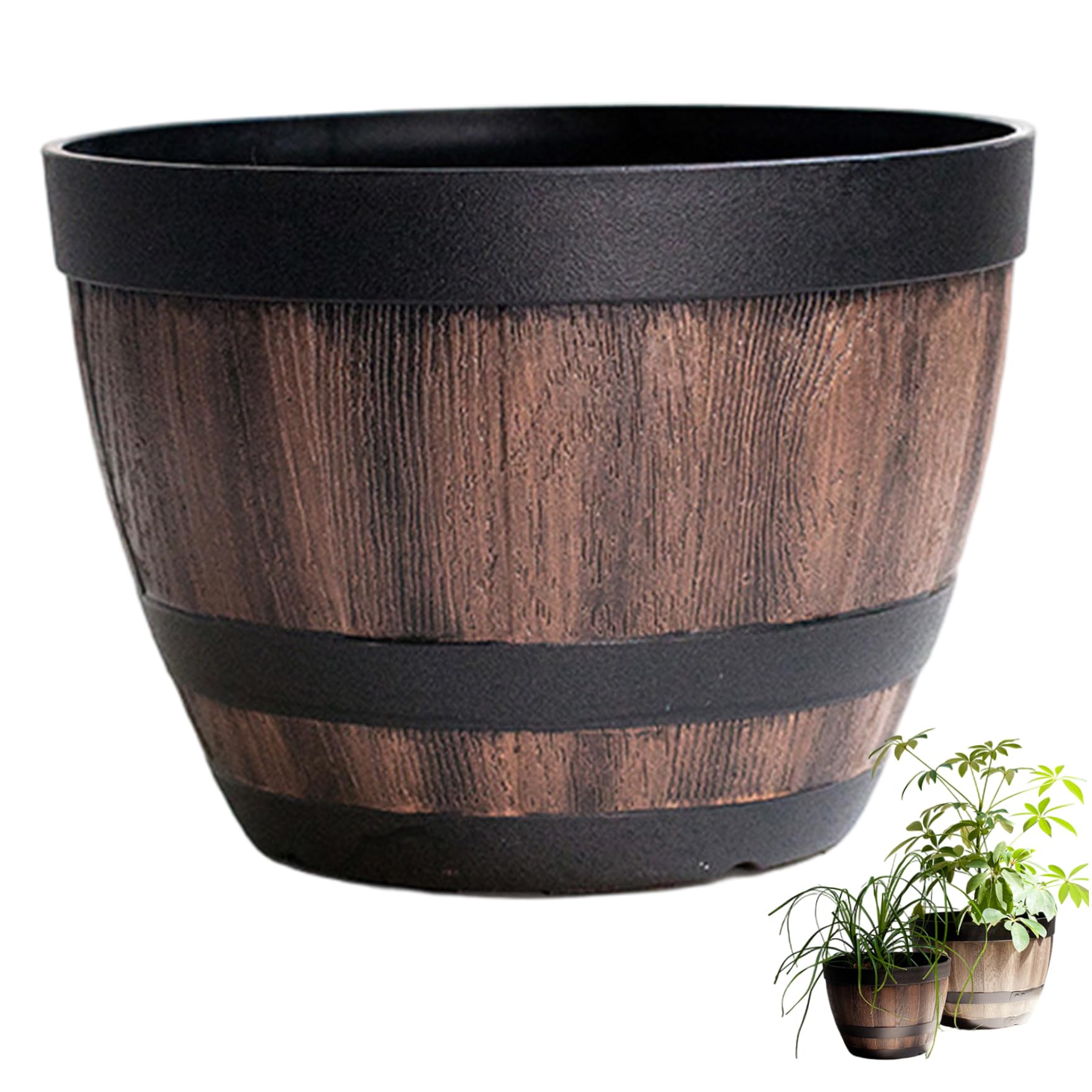 Latemeia Whiskey Barrel Planter, 9 Inch Brown Resin Barrel Planter with Realistic Wood Grain for Outdoor Plants, Thick Weatherproof Garden Pot for Patio & Yard Decor, Décoration de jardin