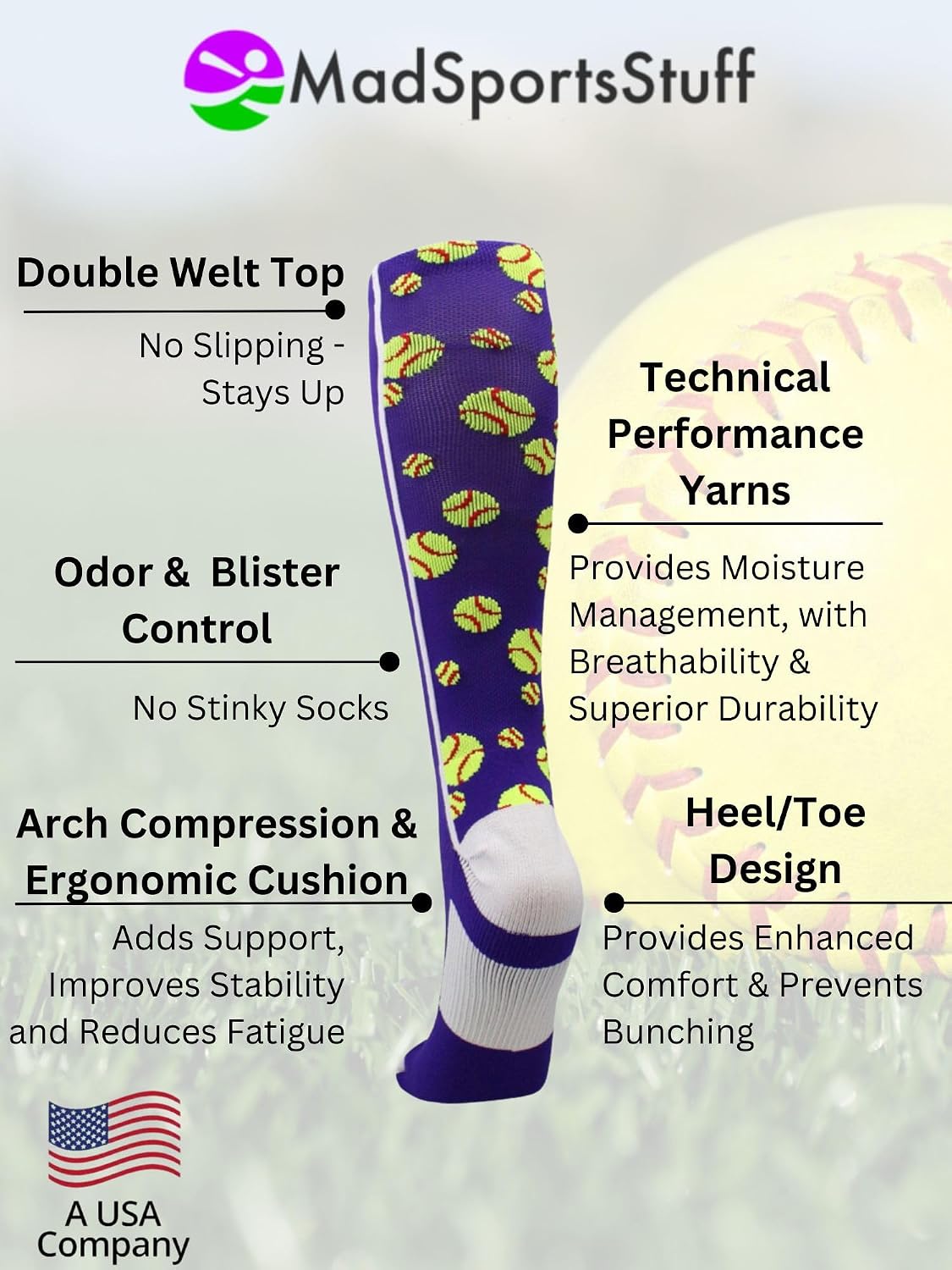 MadSportsStuff Crazy Softball Socks with Softballs for Girls Women Youth Adult Over the Calf Long Tall Fun Team Socks Gift image 4