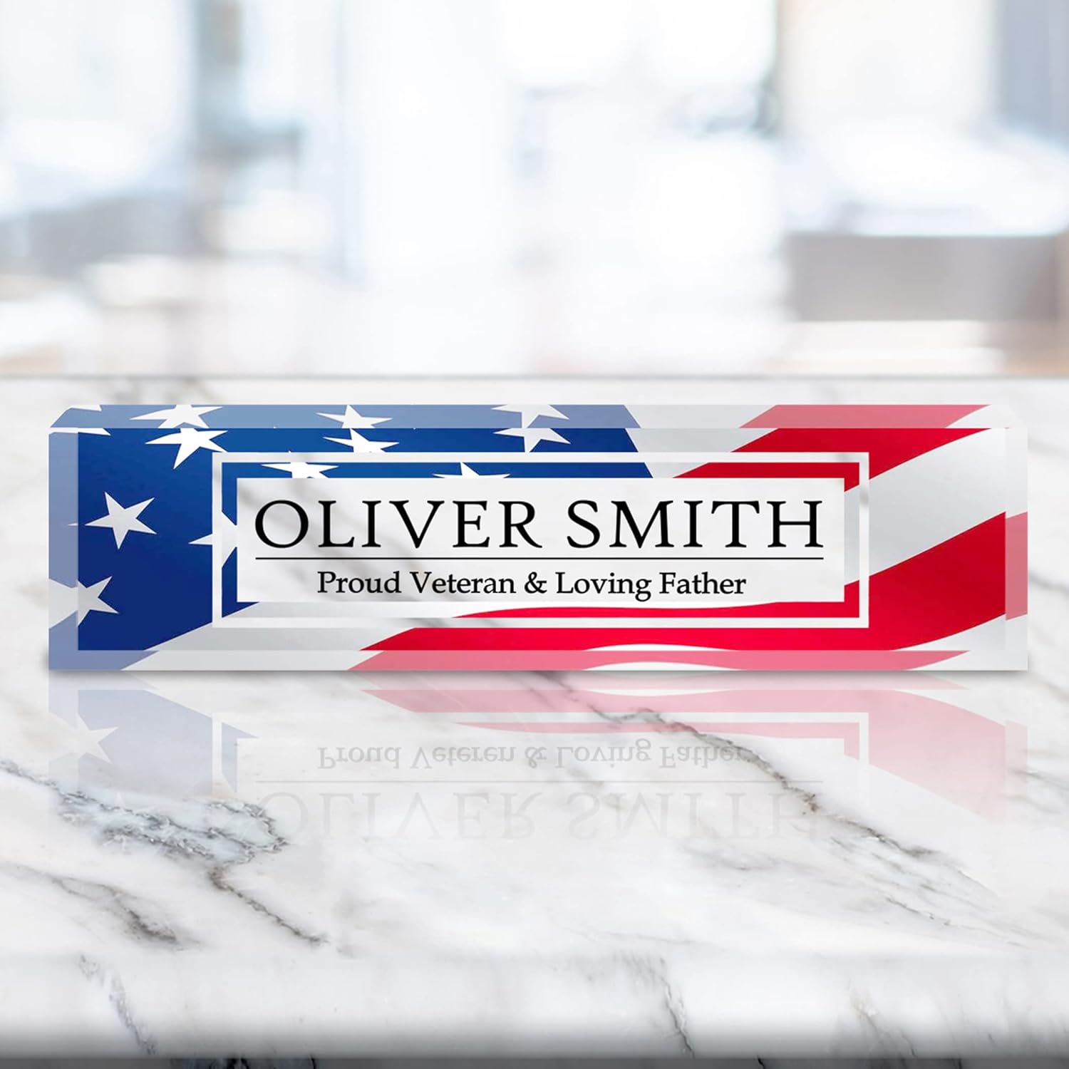 VWAQ Personalized Name Plate for Desk - American Flag On Clear Acrylic Glass - Custom Office Decor Nameplate Sign - Personalized Gift - ACS17 (Black)