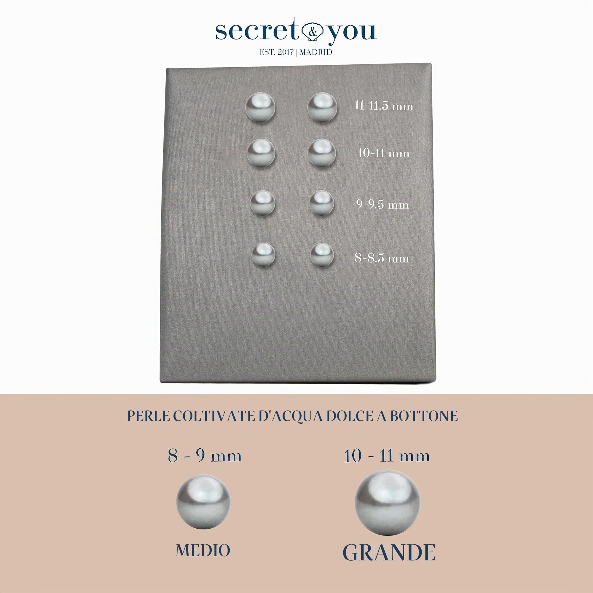 Orecchini da donna di perle bottone coltivate d'acqua dolce in grigio SECRET & YOU - Argento sterling 925 - Disponibile in 4 misure da 8 mm a 11 mm