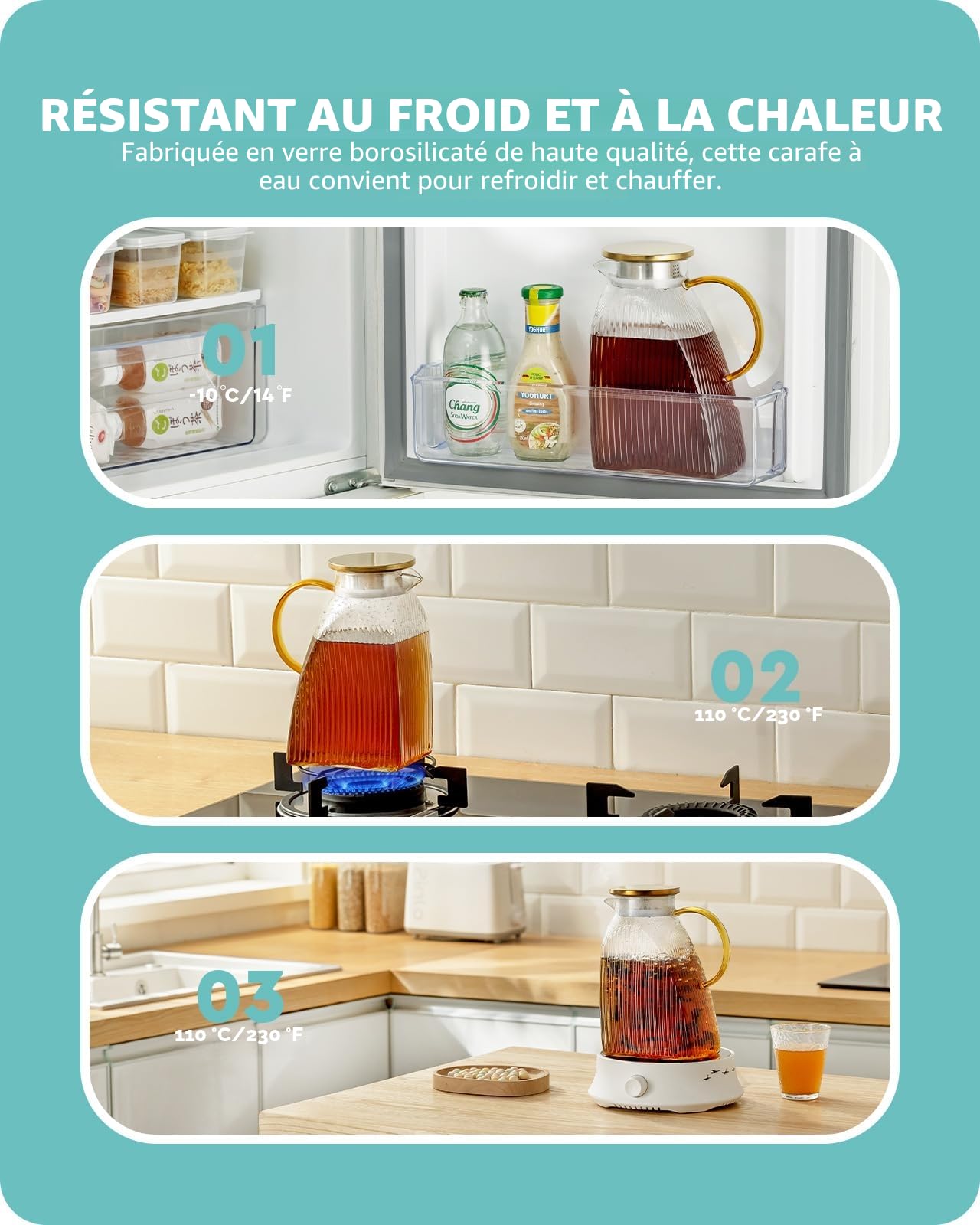 Baffect Carafe à eau pour porte de réfrigérateur, 1,8 l, en verre borosilicate avec couvercle en acier inoxydable, carafe pour boissons chaudes ou froides faites maison