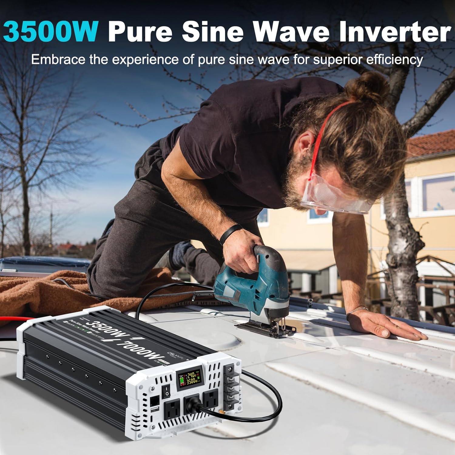 3500 watt Pure sine Wave Inverter, 24V DC to 110V AC Power Inverter, Used for Solar Emergency Power Supply in RV Homes, with 3 AC Output sockets, USB Port, Type-C Port, Remote Control with LCD Screen