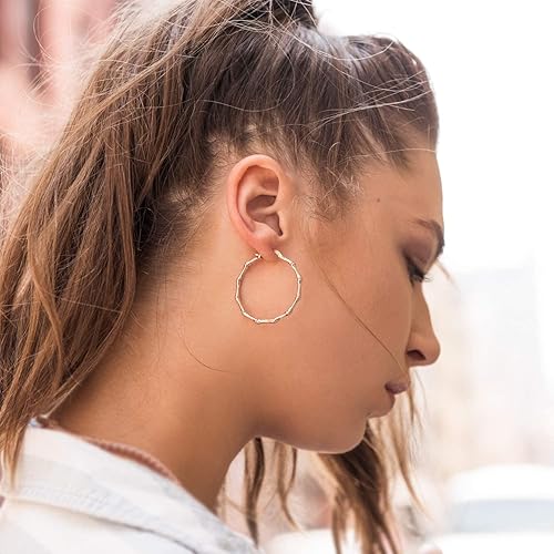 Miniatura 3 de Barzel - Aretes de aro de bambú de oro para mujer, chapados en oro de 18 quilates, oro rosa o blanco