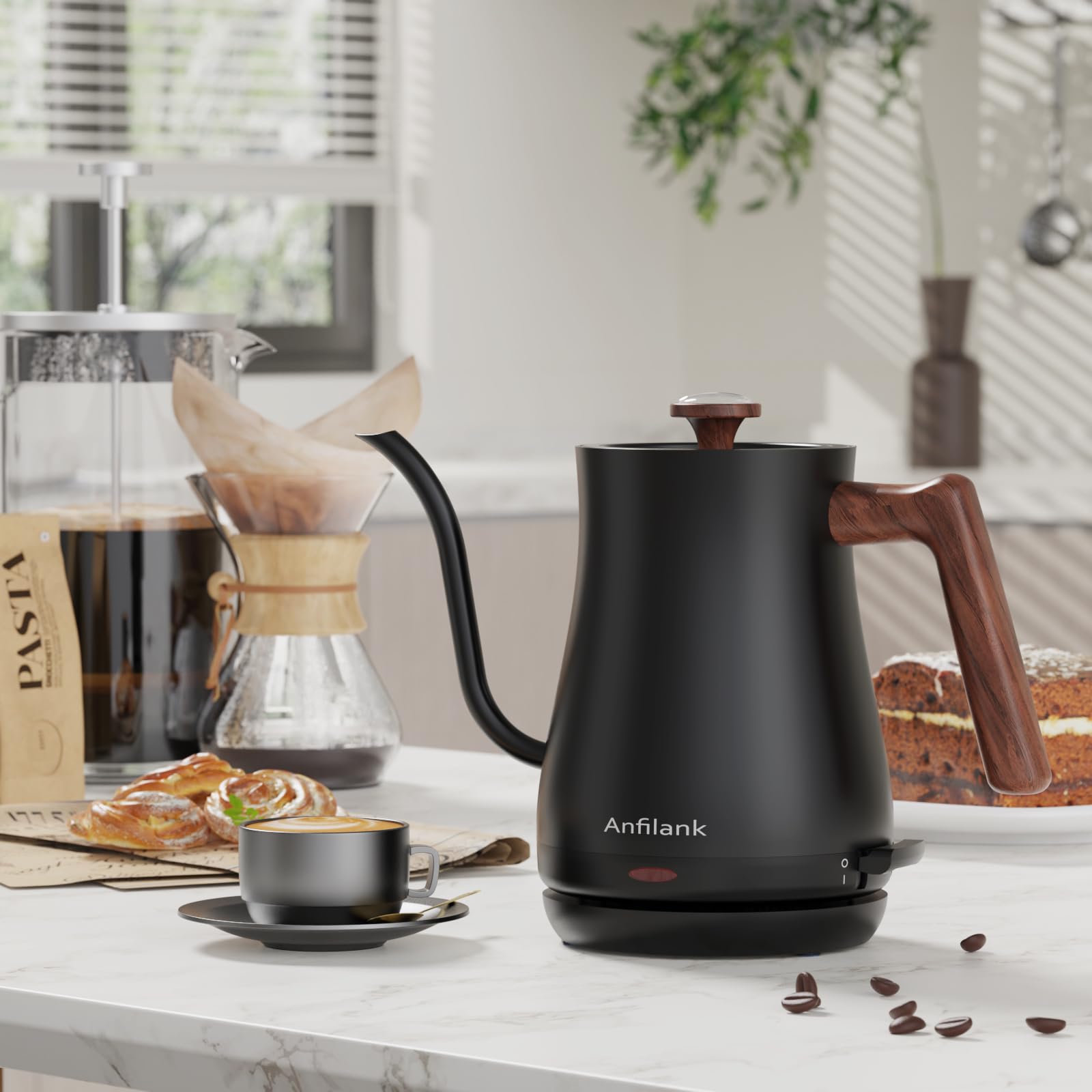 Anfilank - Hervidor eléctrico de cuello de cisne con termómetro, tetera eléctrica pequeña de 0,8 L, calor rápido de 1200 W, vertido de precisión para café y té, apagado automático y protección contra